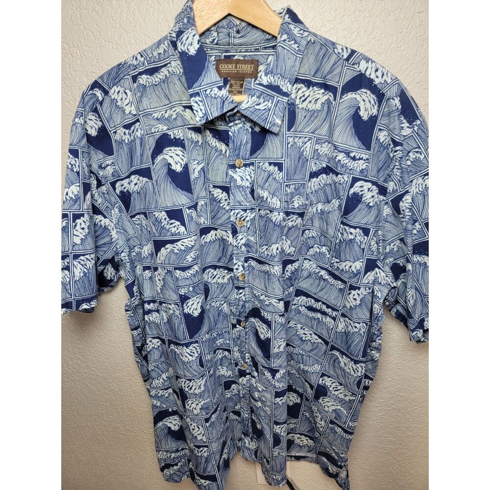 Cooke Street Hawaiian Shirt Mens 2XL Blue White Great Wave Cotton Button Up